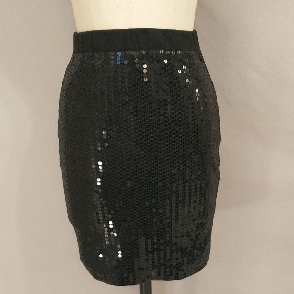 Vintage Black Sequin Skirt Handbeaded 19" Short Quality w Stretch v Flirty Shiny